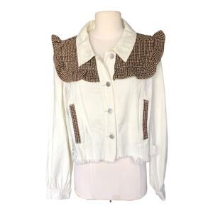 POL White Denim Jacket Ruffle Tweed Collar Frayed Hem Button Front Size Small